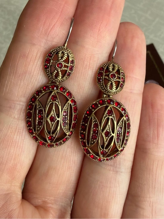 Monet Jewelry - Vintage Monet Gold Tone Drop Earrings with Red Stones